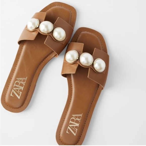 Zara Shoes Zara Leather Slide Sandals With Pearls Poshmark